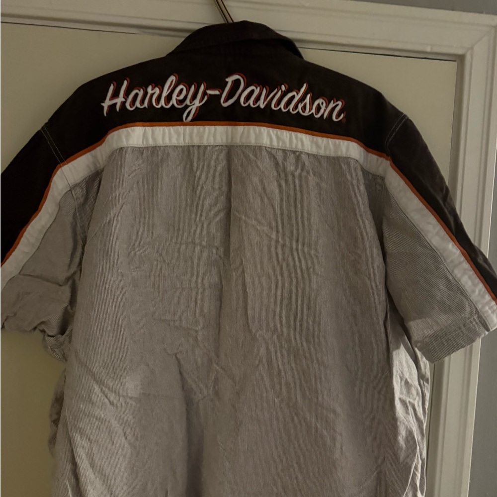 Harley-Davidson Striped Gray Shirt with Orange Embroidery
